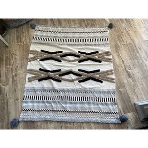 Soft Cotton Blend Blanket Ivory Blue BOHO Geometric Art Design With Tassels